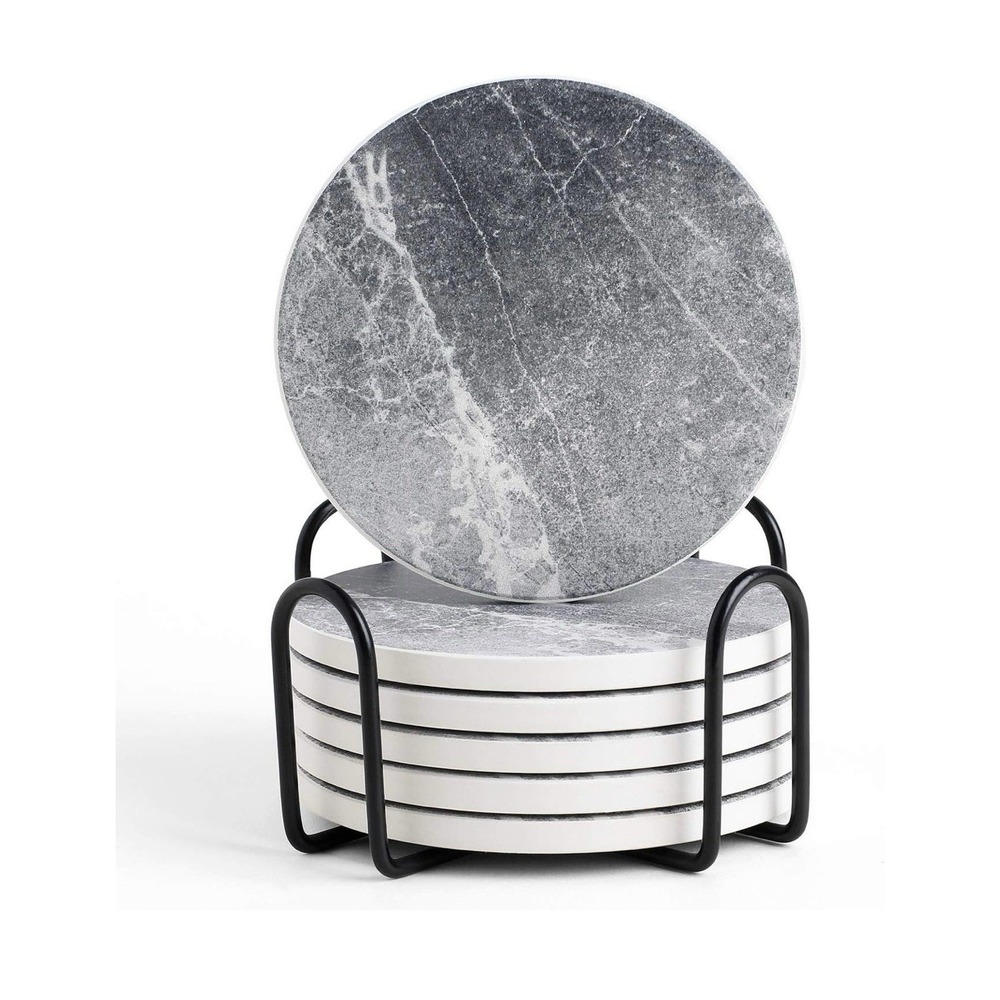 Absorbent Stone Drink Coasters Set of 6 Marble Style w/ Cork Back & Holder